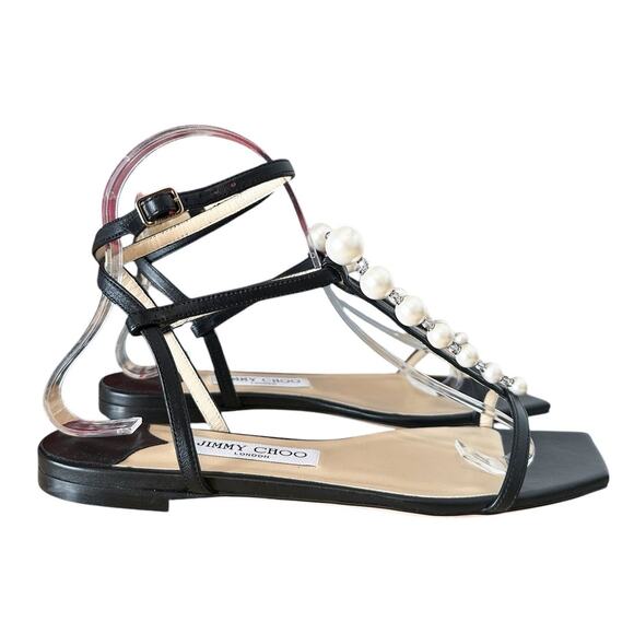 Jimmy Choo Amari Black Leather Pearl Ankle Wrap Sandals 36.5 - Picture 12 of 12